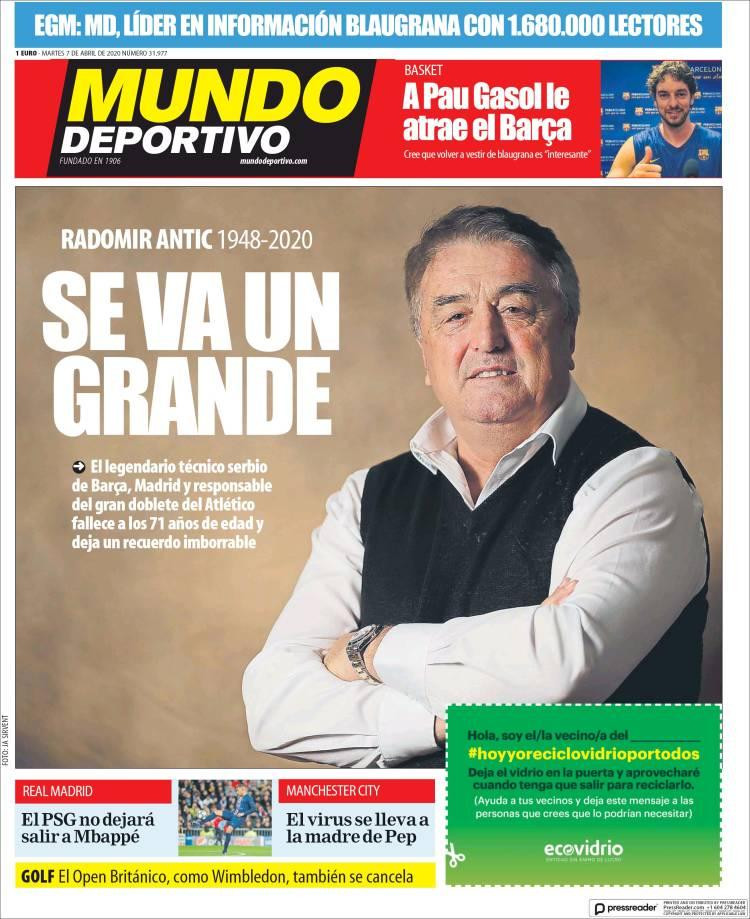 Tapas de diarios, Mundo deportivo, martes 7 de abril de 2020