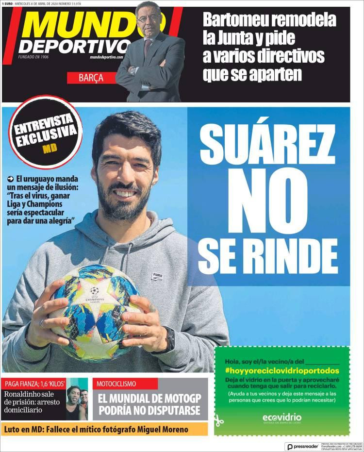 Tapas de diarios, Mundo deportivo, jueves 8 de abril de 2020