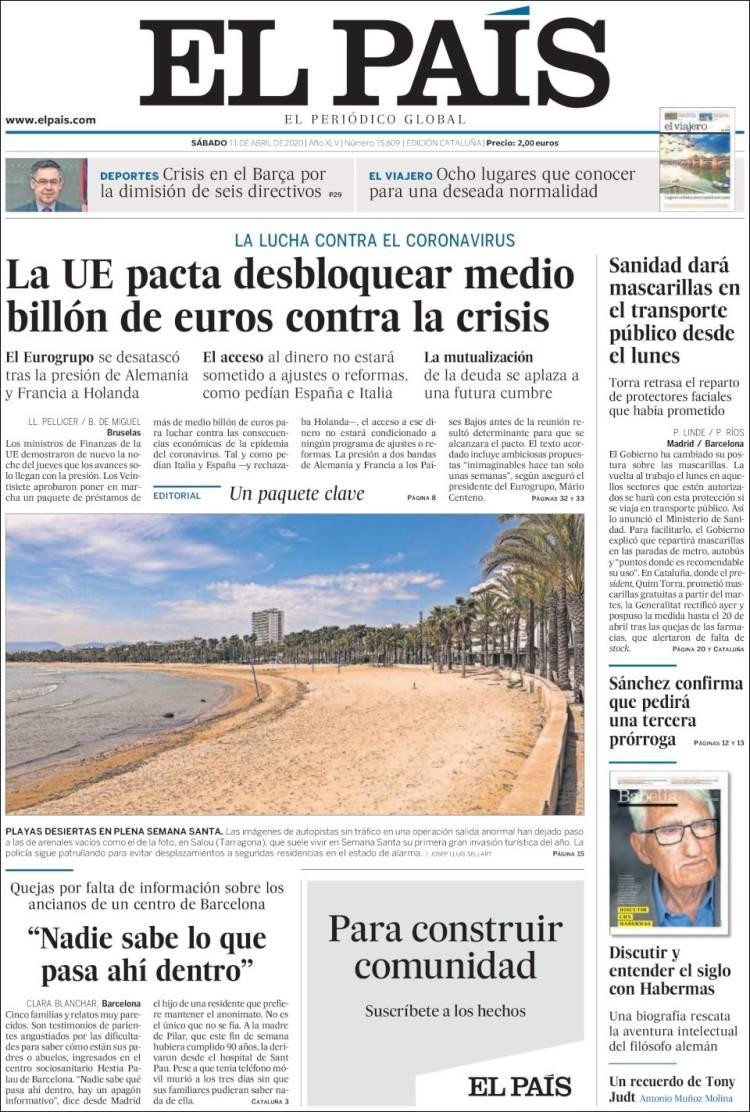 Tapas de diarios, El país, sábado 11 de abril de 2020	