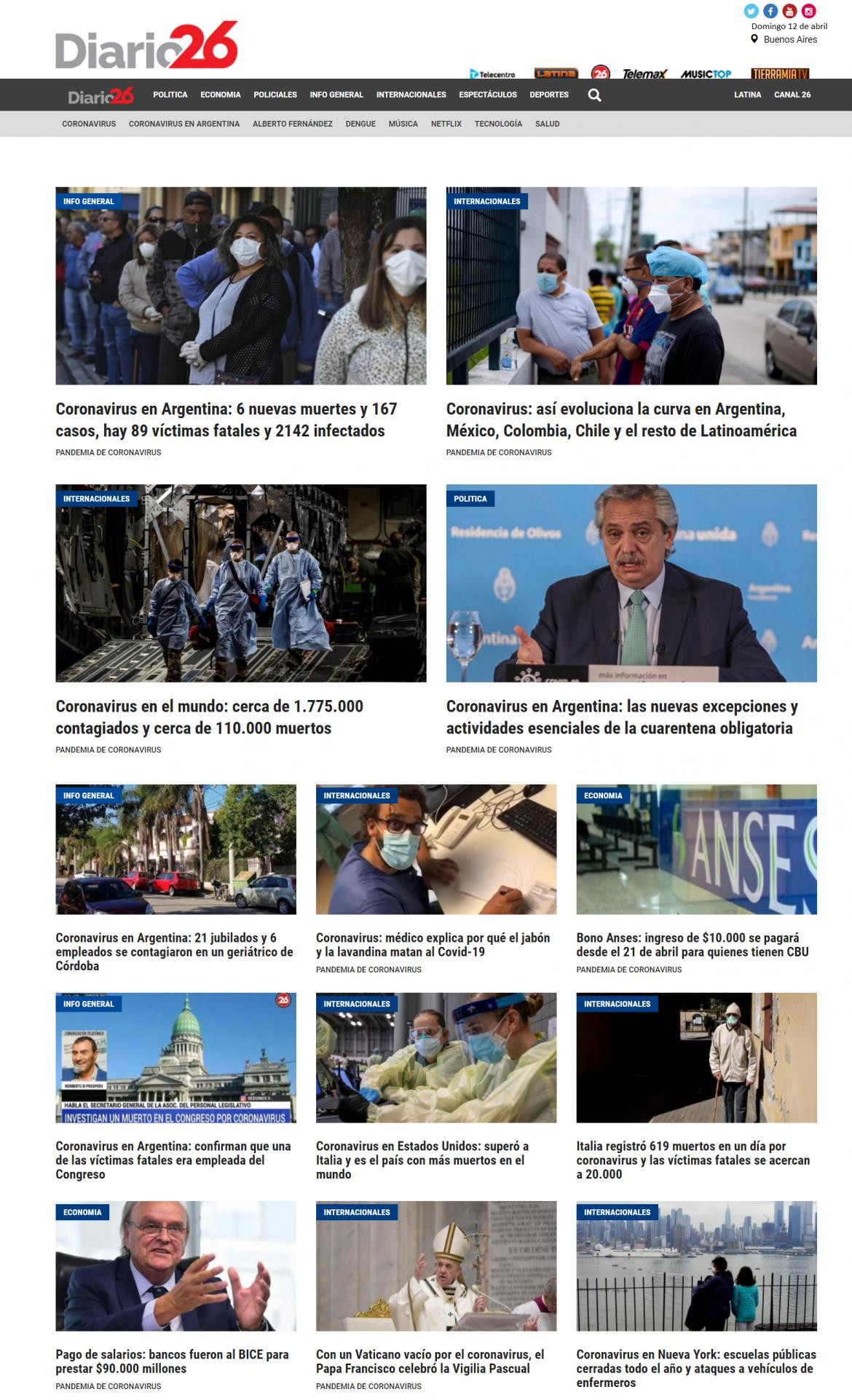 Tapa de diarios, Diario 26, domingo 12 de abril de 2020|