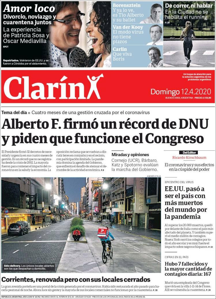 Tapa de diarios, Clarin, domingo 12 de abril de 2020|	