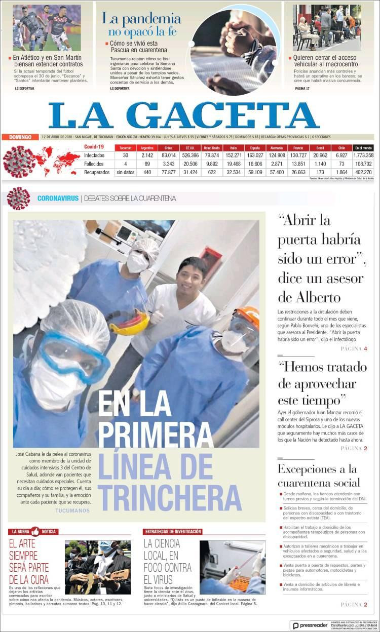 Tapa de diarios, La Gaceta, domingo 12 de abril de 2020|	