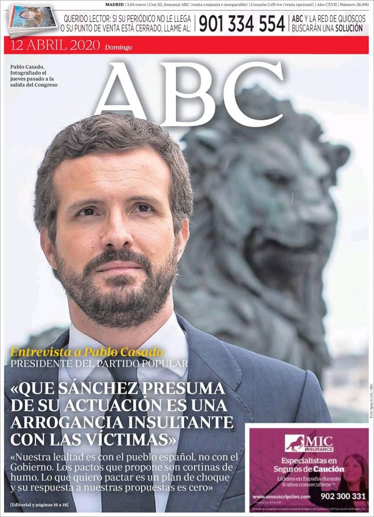 Tapa de diarios, ABC, domingo 12 de abril de 2020|	