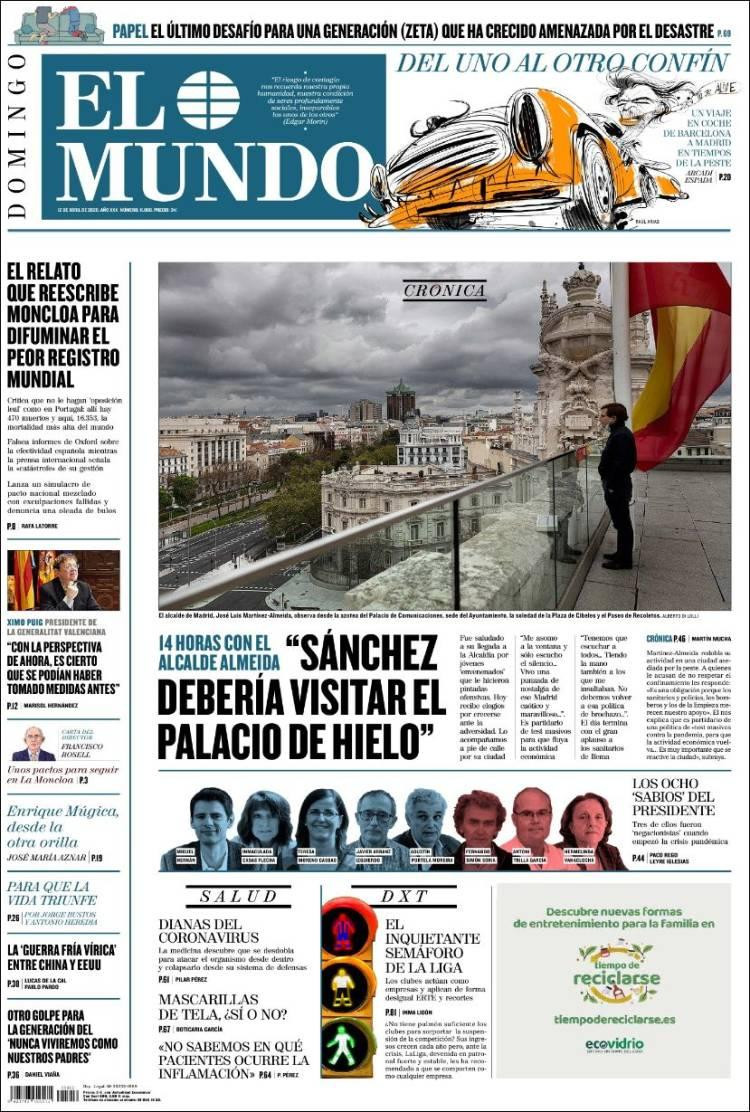 Tapa de diarios, El mundo, domingo 12 de abril de 2020|	