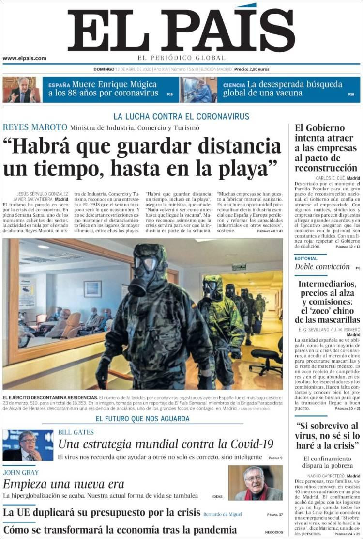 Tapa de diarios, El país, domingo 12 de abril de 2020|	