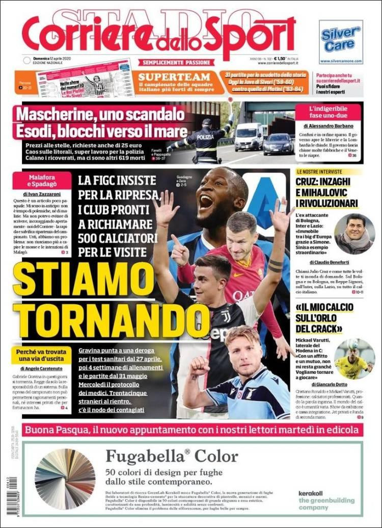 Tapa de diarios, Corriere dello sport, domingo 12 de abril de 2020|	