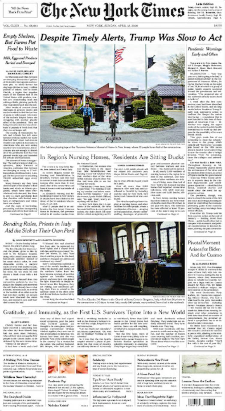 Tapa de diarios, The New York Times, domingo 12 de abril de 2020|	