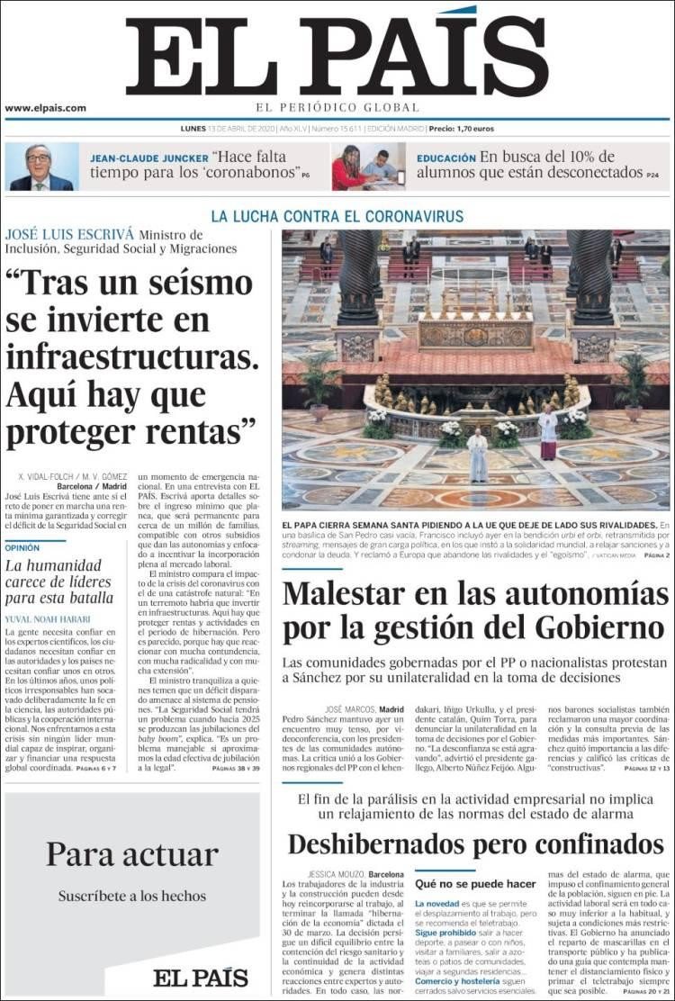 Tapas de diarios, El País, lunes 13 de abril de 2020