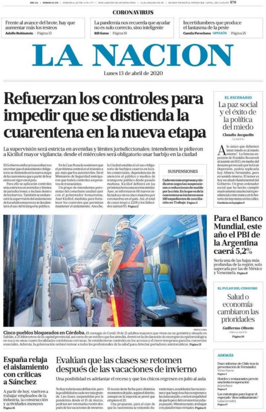 Tapas de diarios, La Nación, lunes 13 de abril de 2020