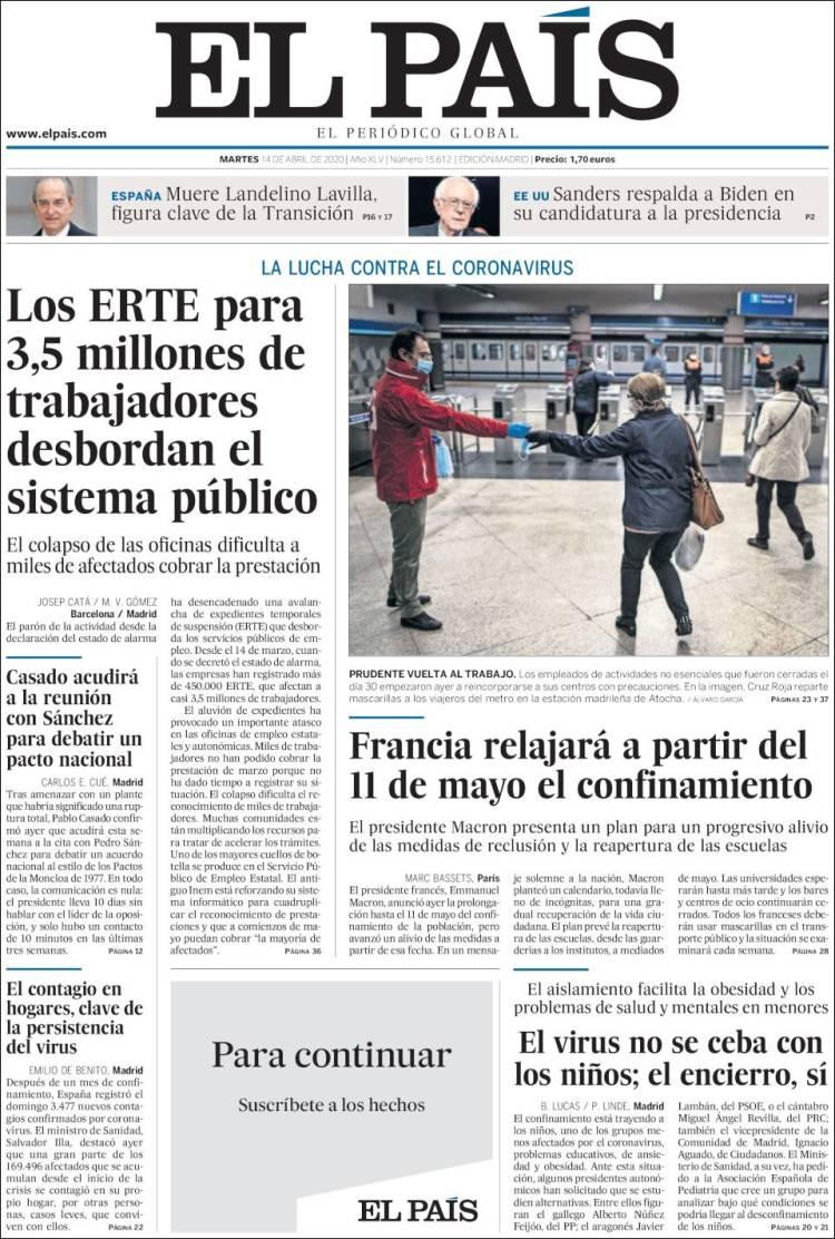 Tapas de diarios, El País, martes 14 de abril de 2020