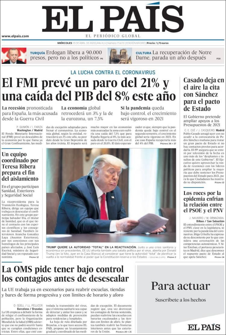 Tapas de diarios, miércoles 15 de abril de 2020, El país