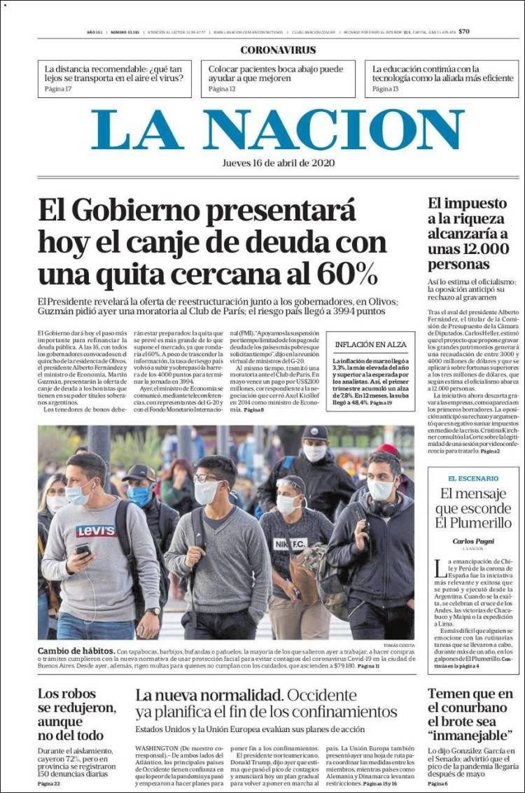 Tapas de diarios, La nación, jueves 16 de abril de 2020	