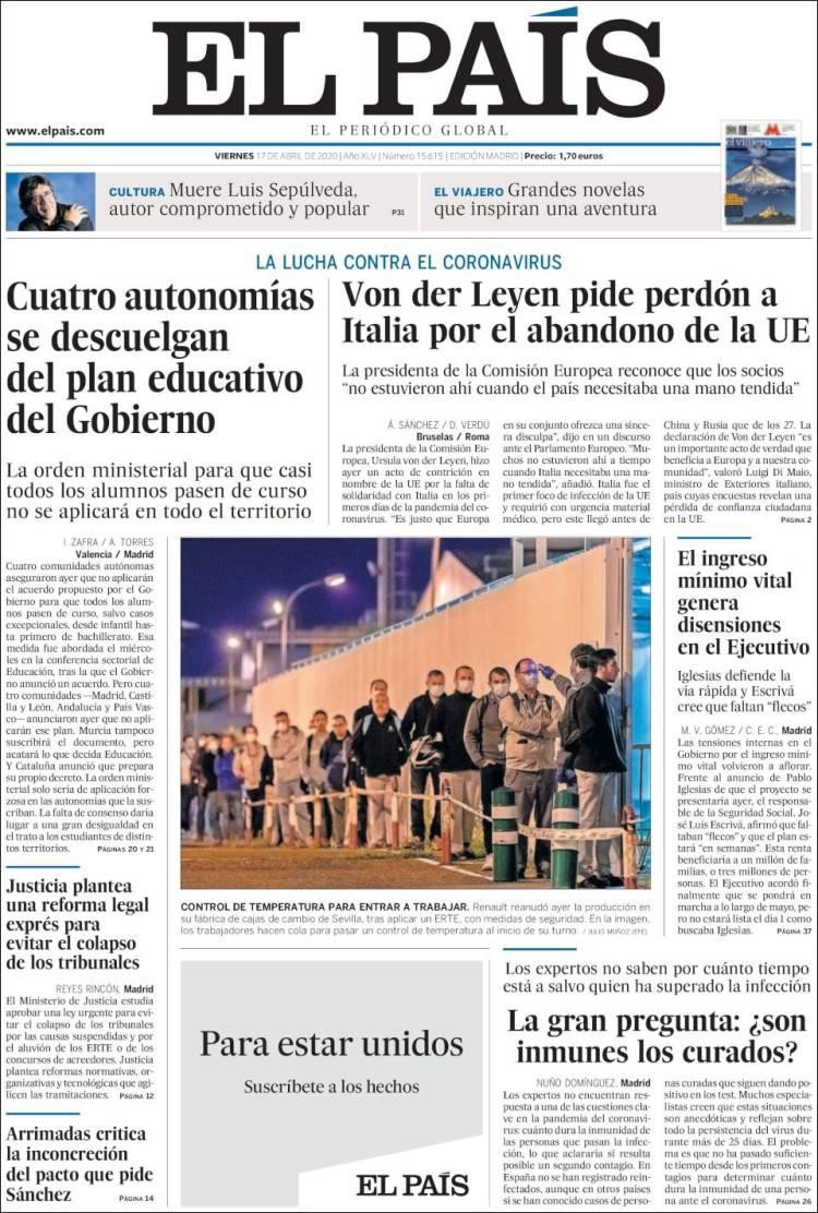 Tapas de diarios, El pais, viernes 17 de abril de 2020