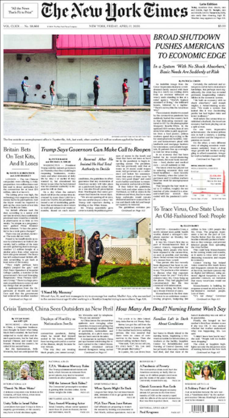 Tapas de diarios, The New York times, viernes 17 de abril de 2020