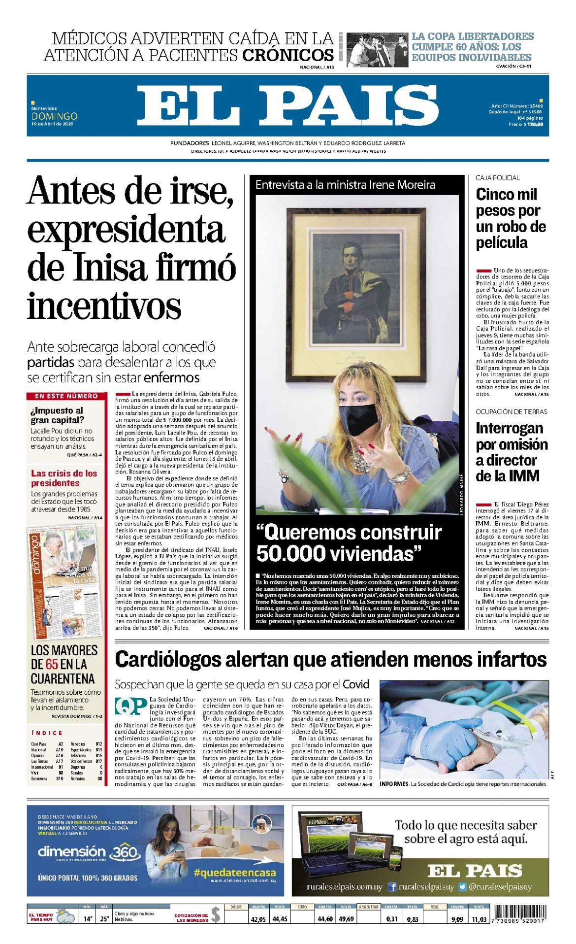 Tapas de diarios, El Pais de Uruguay, domingo 19 de abril de 2020