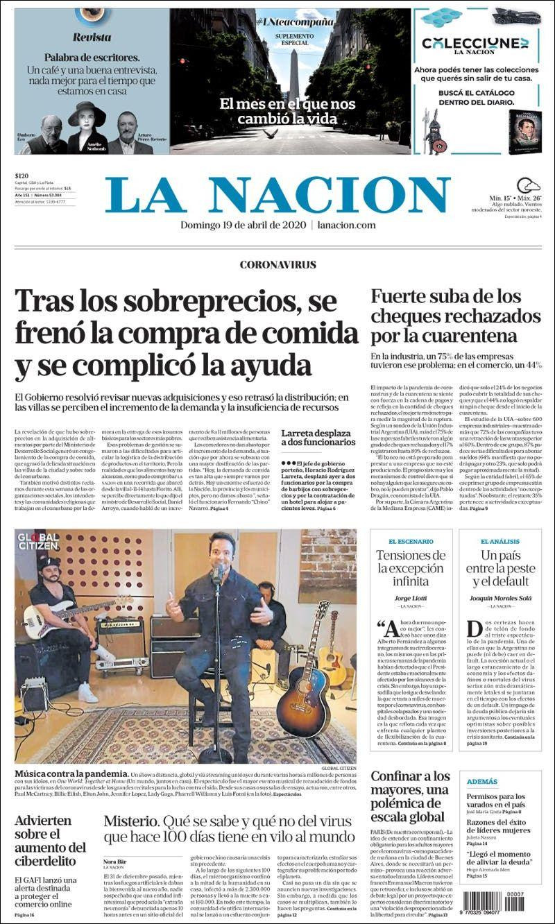 Tapas de diarios, La Nación, domingo 19 de abril de 2020