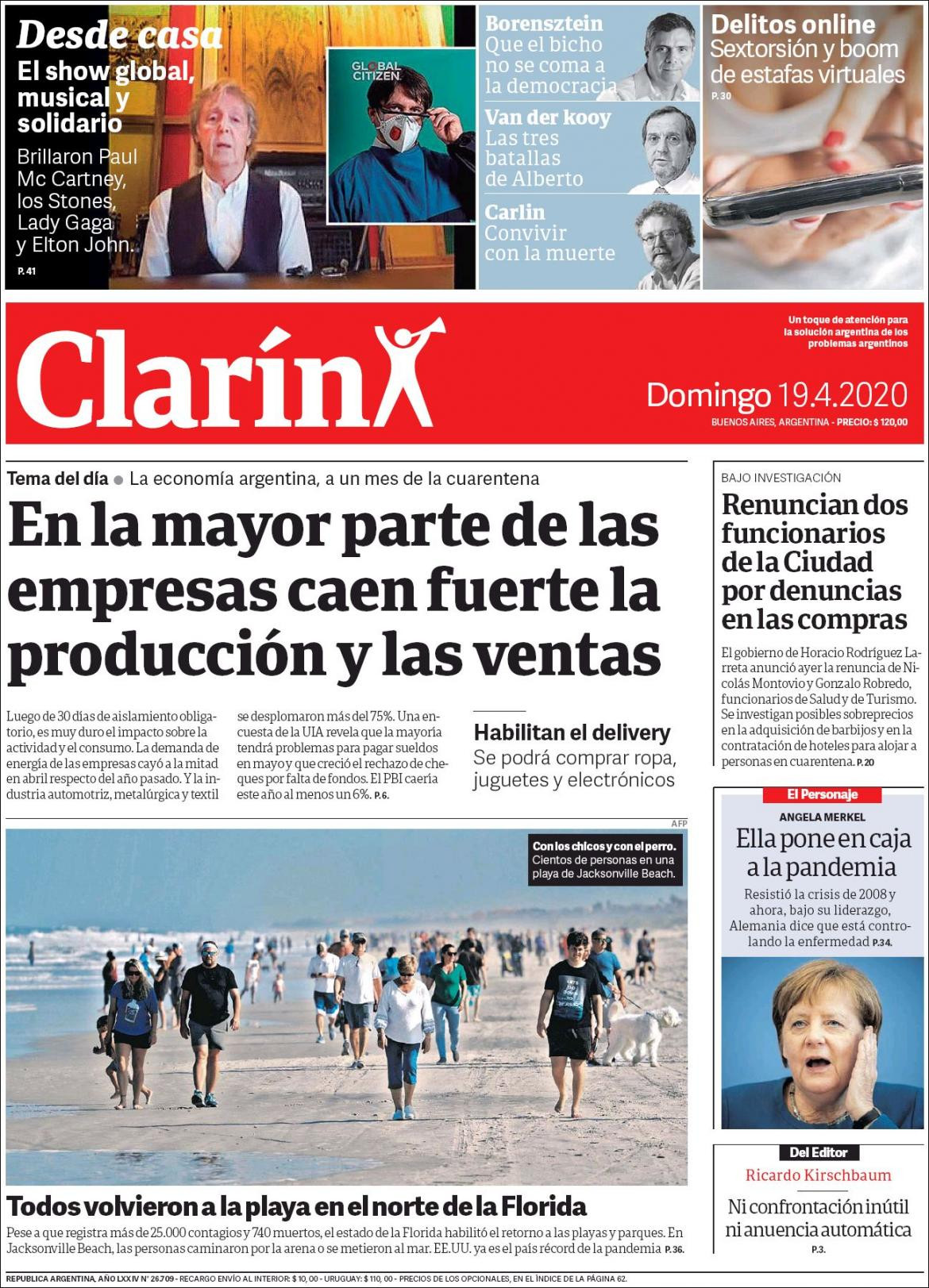 Tapas de diarios, Clarin, domingo 19 de abril de 2020