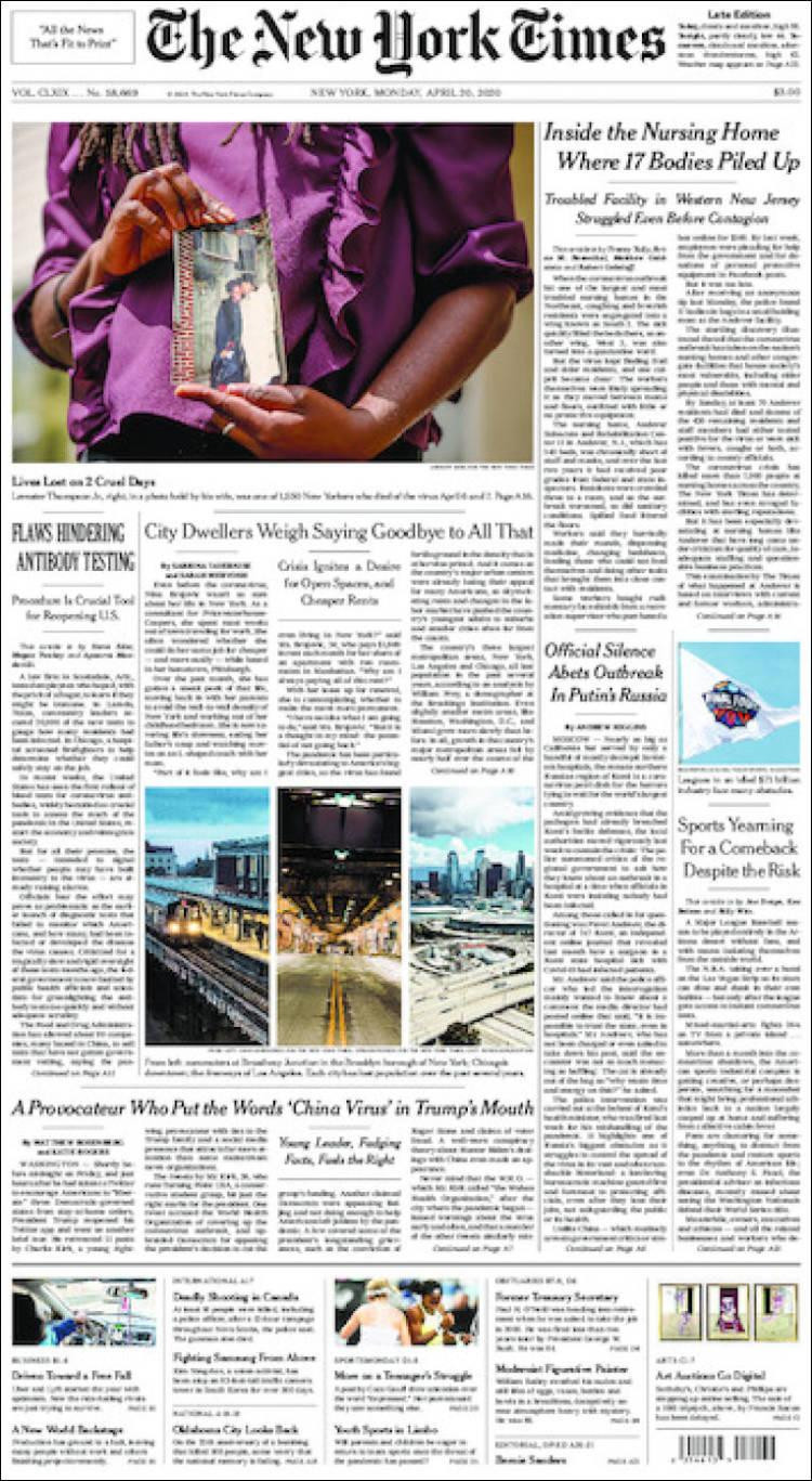 Tapas de diarios, New York Times, lunes 20 de abril de 2020