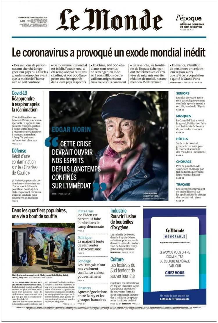 Tapas de diarios, Le Monde, lunes 20 de abril de 2020