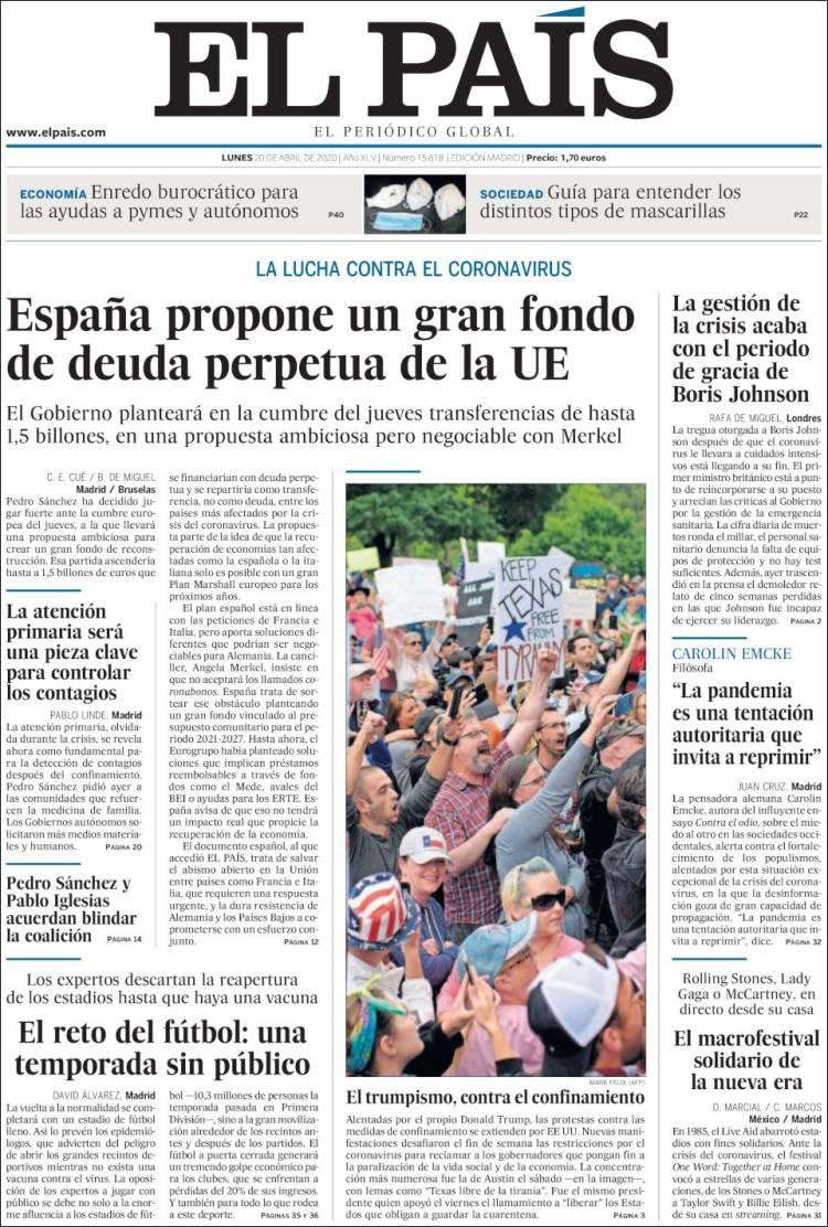 Tapas de diarios, El País, lunes 20 de abril de 2020