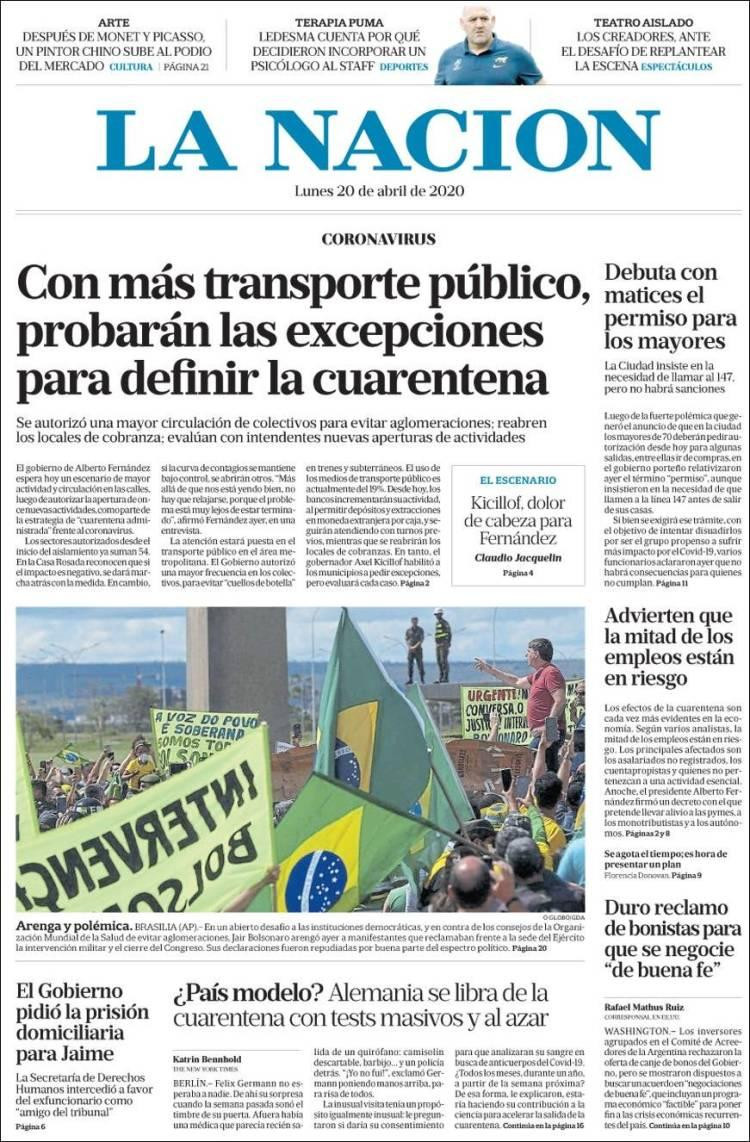 Tapas de diarios, La Nación, lunes 20 de abril de 2020