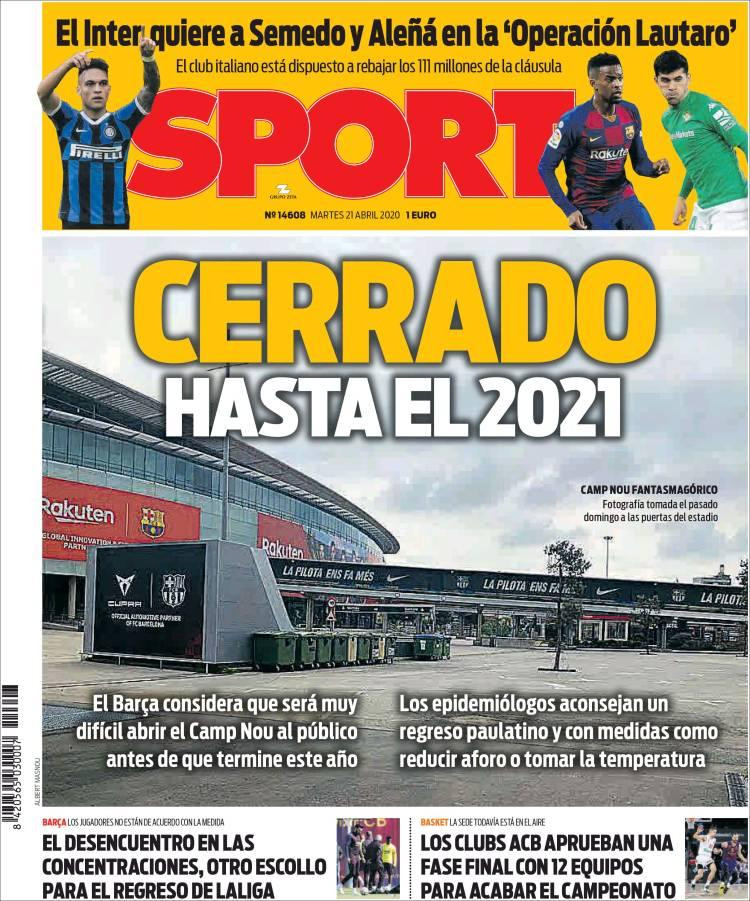 Tapas de diarios, Sport de España, martes 21 de abril de 2020