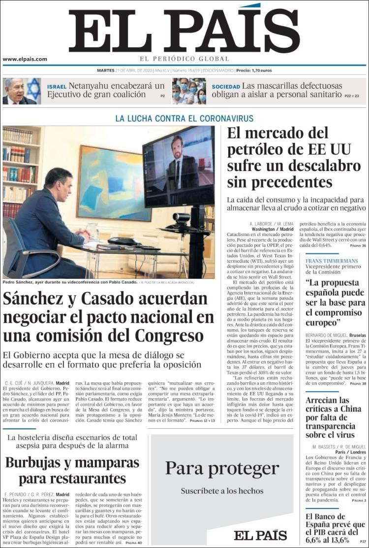 Tapas de diarios, El Pais de España, martes 21 de abril de 2020