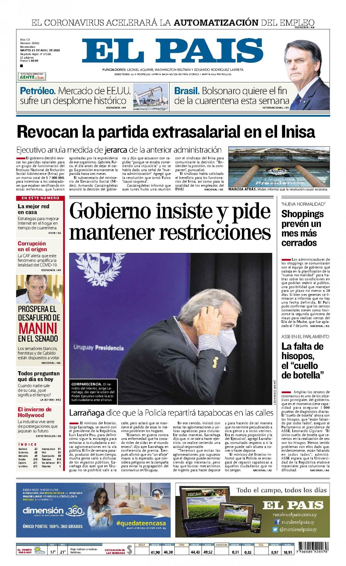 Tapas de diarios, El Pais de Uruguay, martes 21 de abril de 2020