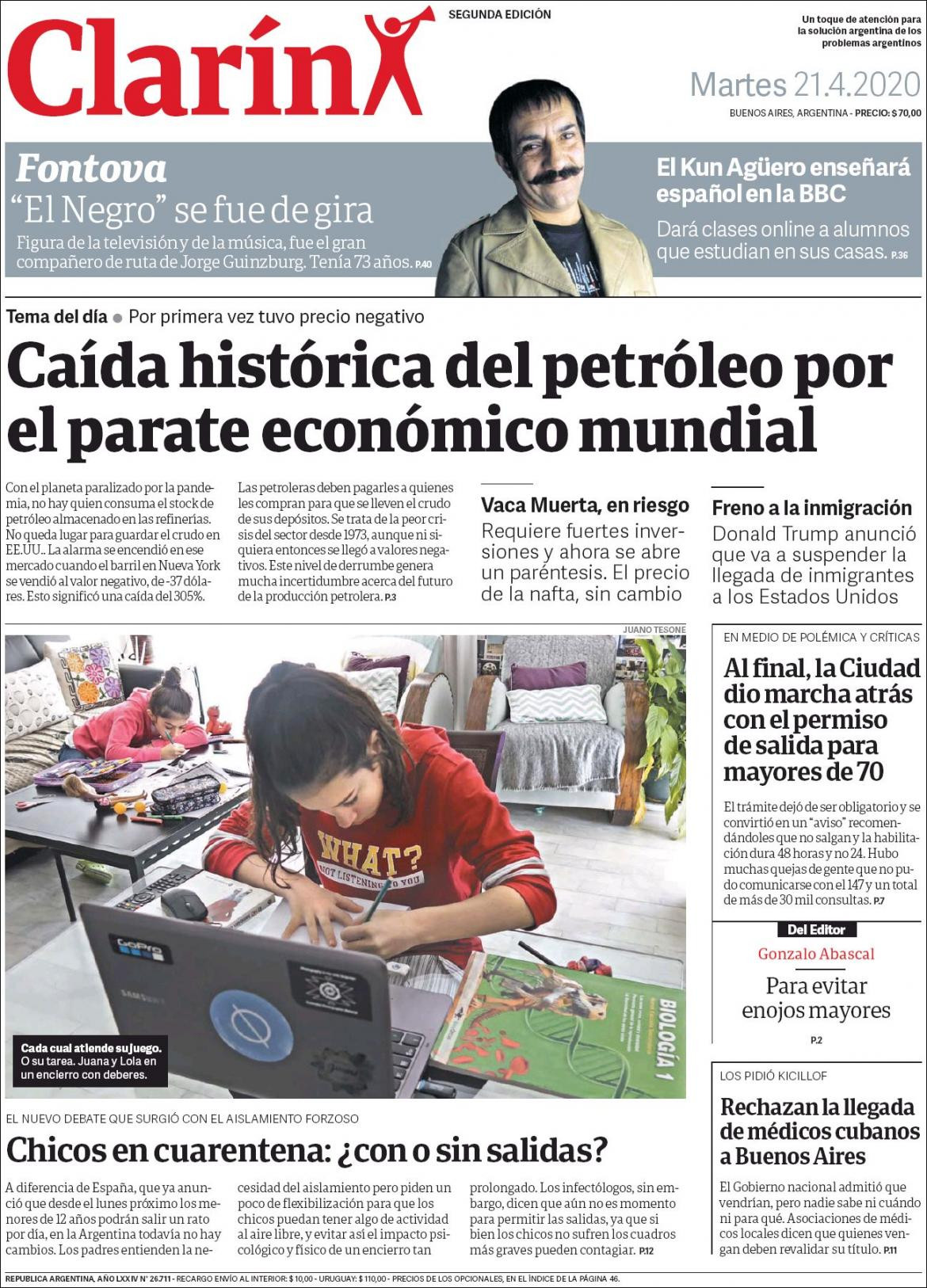 Tapas de diarios, Clarin, martes 21 de abril de 2020