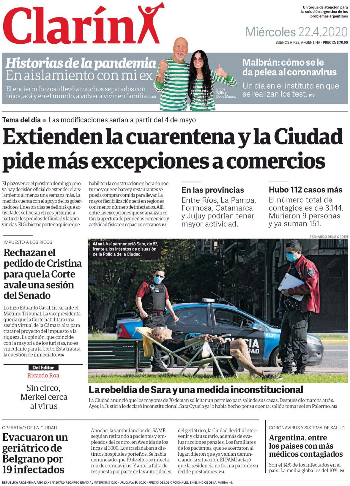 Tapas de diarios, Clarin, miércoles 22 de abril de 2020