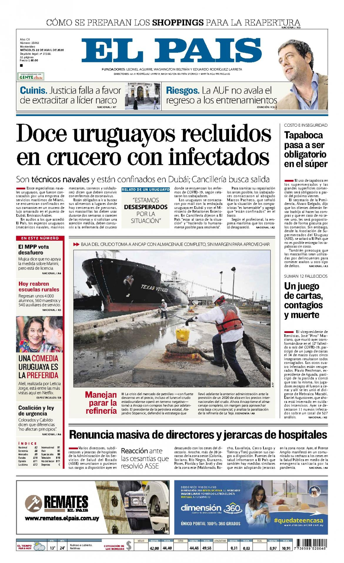 Tapas de diarios, El Pais de Uruguay, miércoles 22 de abril de 2020