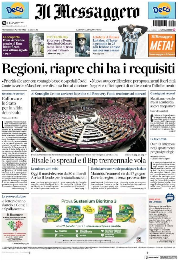 Tapas de diarios, Il Messaggero de Italia, miércoles 22 de abril de 2020