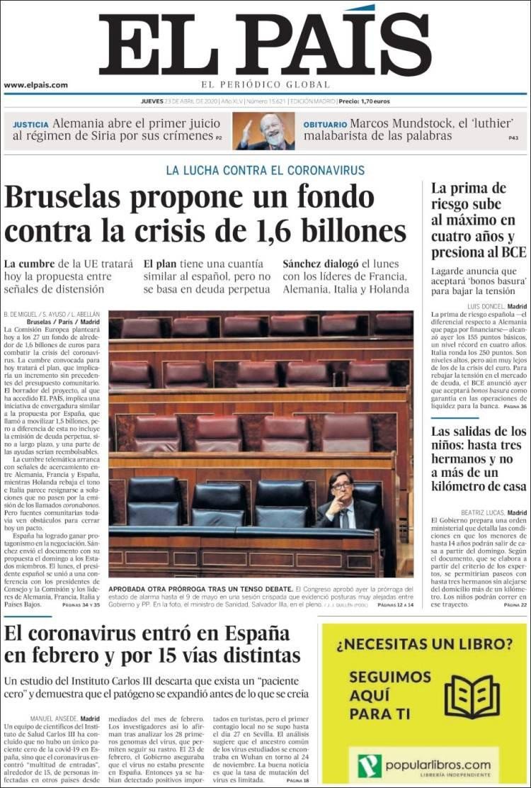 Tapas de diarios, El País, jueves 23 de abril de 2020