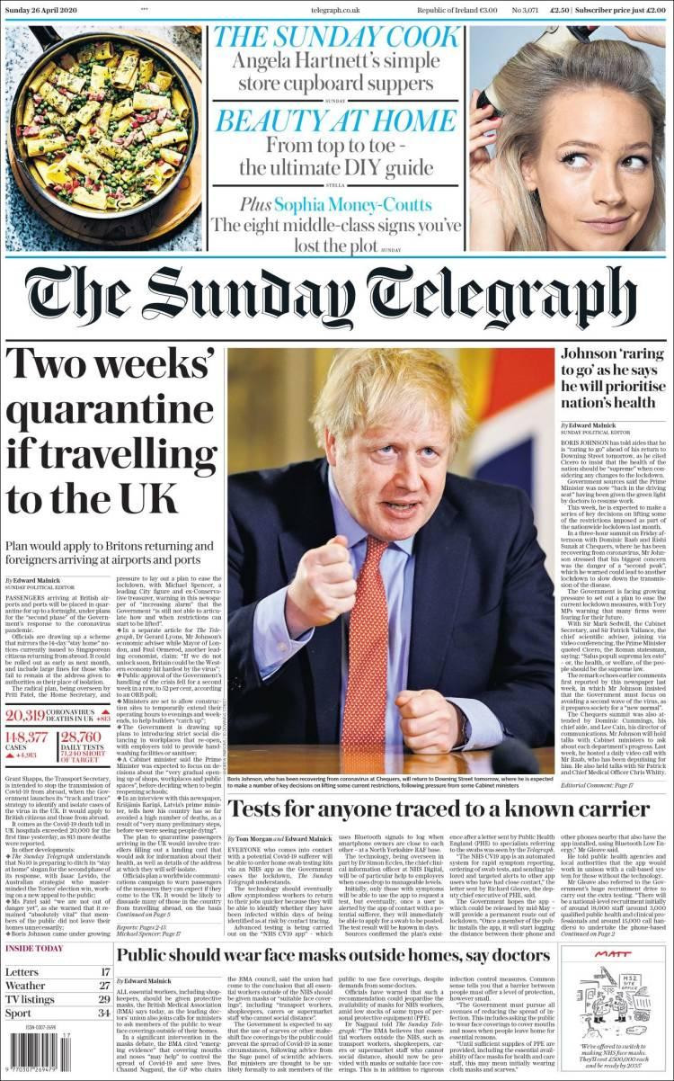 Tapas de diarios, Daily Telegraph, domingo 26 de abril de 2020