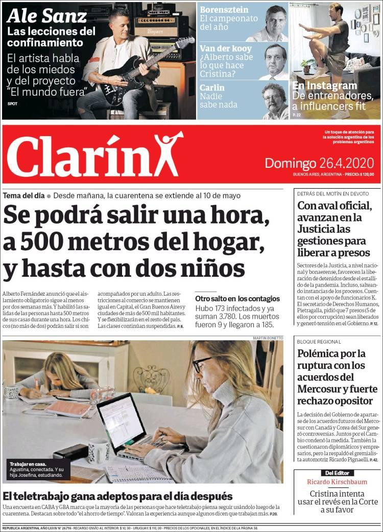 Tapas de diarios, Clarín, domingo 26 de abril de 2020