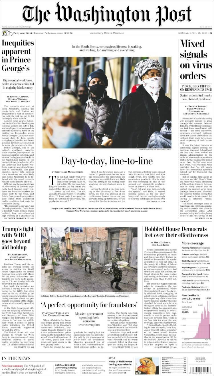 Tapas de diarios, The Washington Post de EE.UU., lunes 27 de abril de 2020