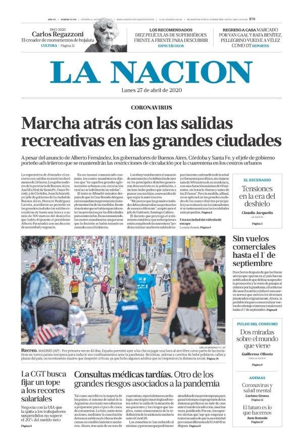 Tapas de diarios, La Nación, lunes 27 de abril de 2020