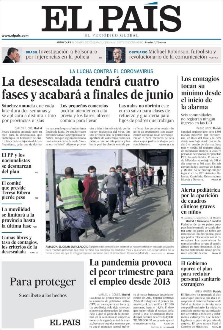 Tapas de diarios, El País, miércoles 29 de abril de 2020