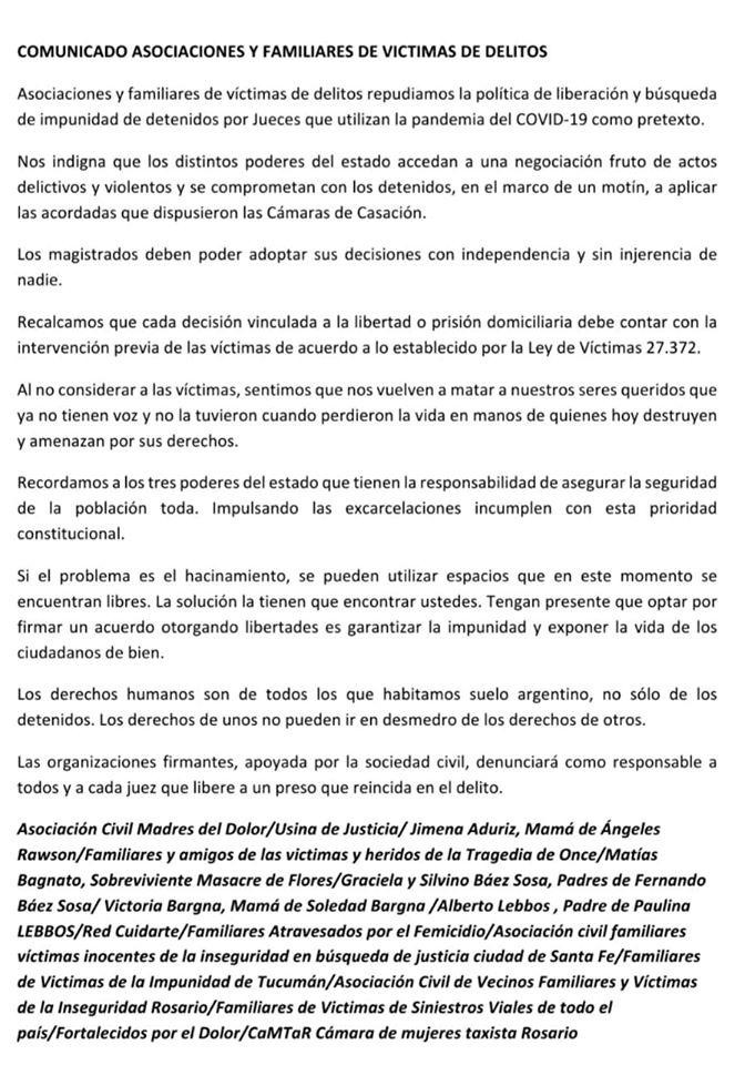 Comunicado de víctimas de inseguridad