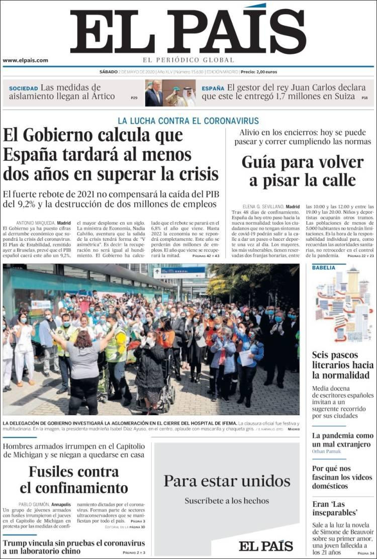 Tapas de diarios, El Pais de España, sábado 2 de mayo de 2020