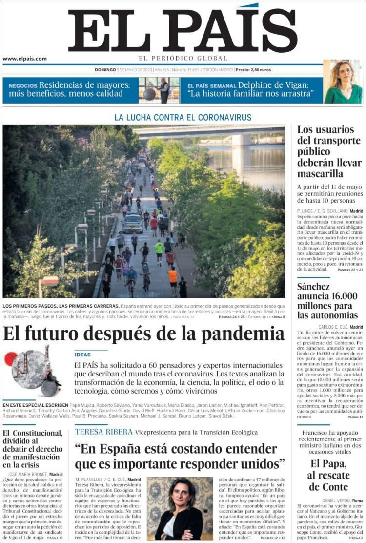 Tapas de diarios, El Pais de España, domingo 3 de mayo de 2020