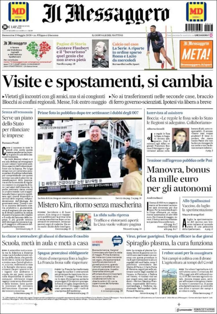 Tapas de diarios, Il Messaggero de Italia, domingo 3 de mayo de 2020