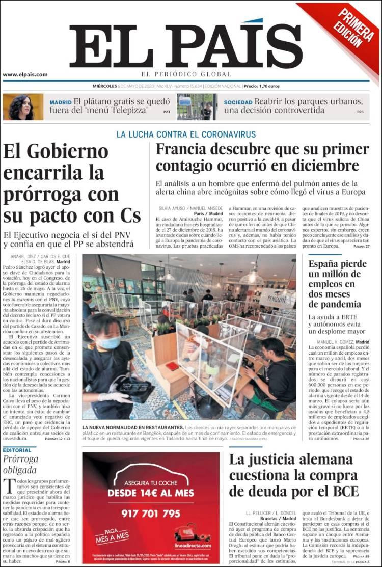 Tapas de diarios, El país, miércoles 6 de mayo de 2020