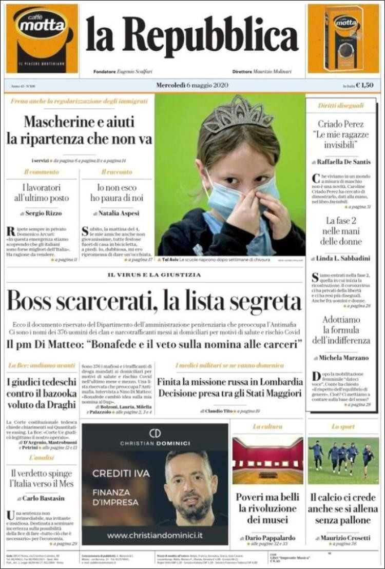 Tapas de diarios, La repubblica, miércoles 6 de mayo de 2020