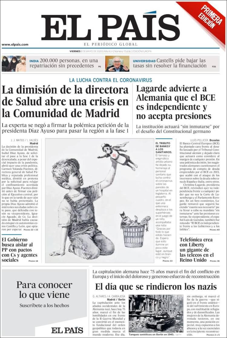 Tapas de diarios, El País, viernes 8 de mayo de 2020