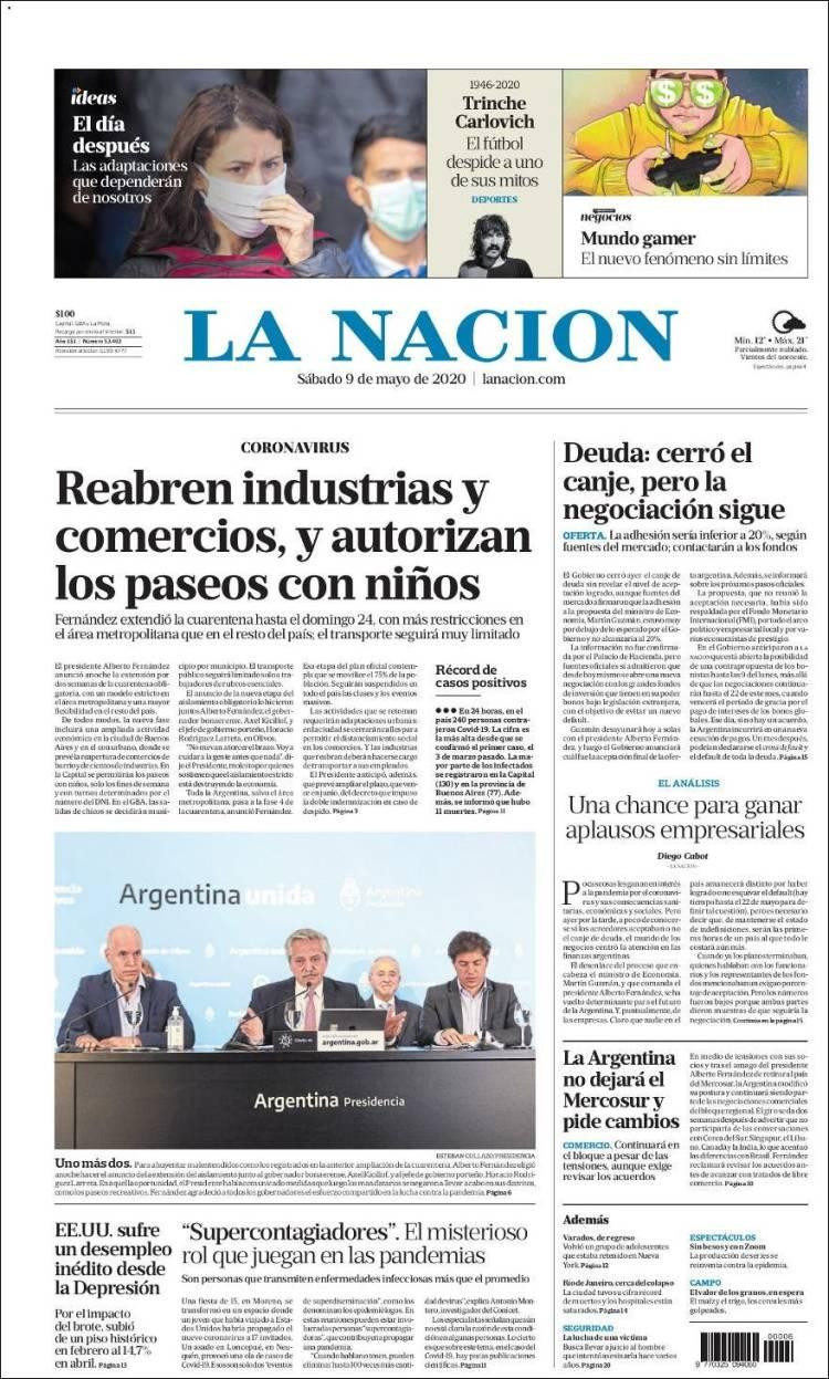 Tapas de diarios, La nación, sábado 9 de mayo de 2020	