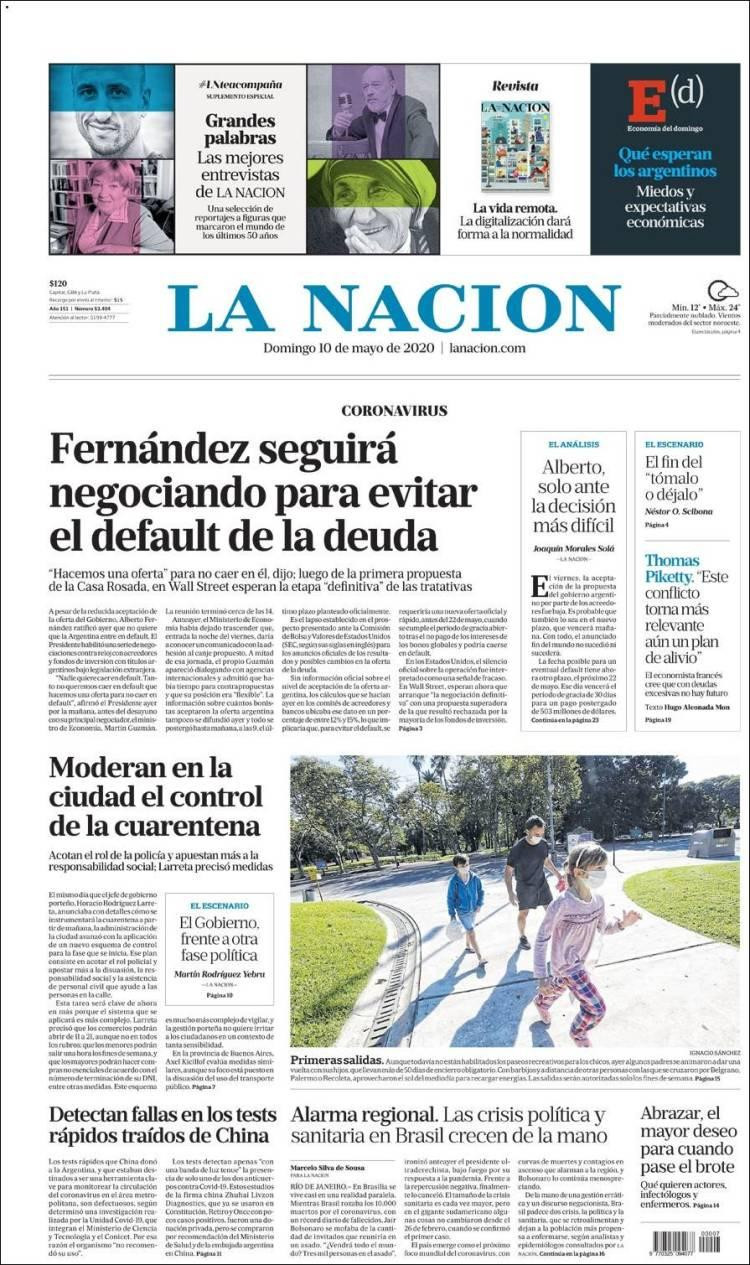 Tapa de diarios, La nación, domingo 10 de mayo de 2020	