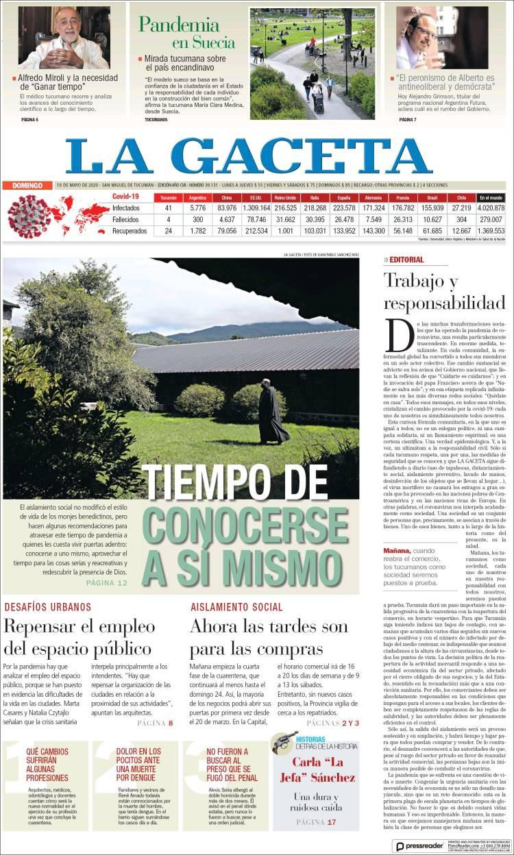 Tapa de diarios, La gaceta, domingo 10 de mayo de 2020	