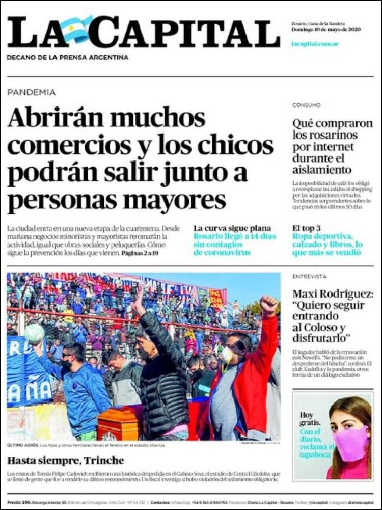 Tapa de diarios, La capital, domingo 10 de mayo de 2020	