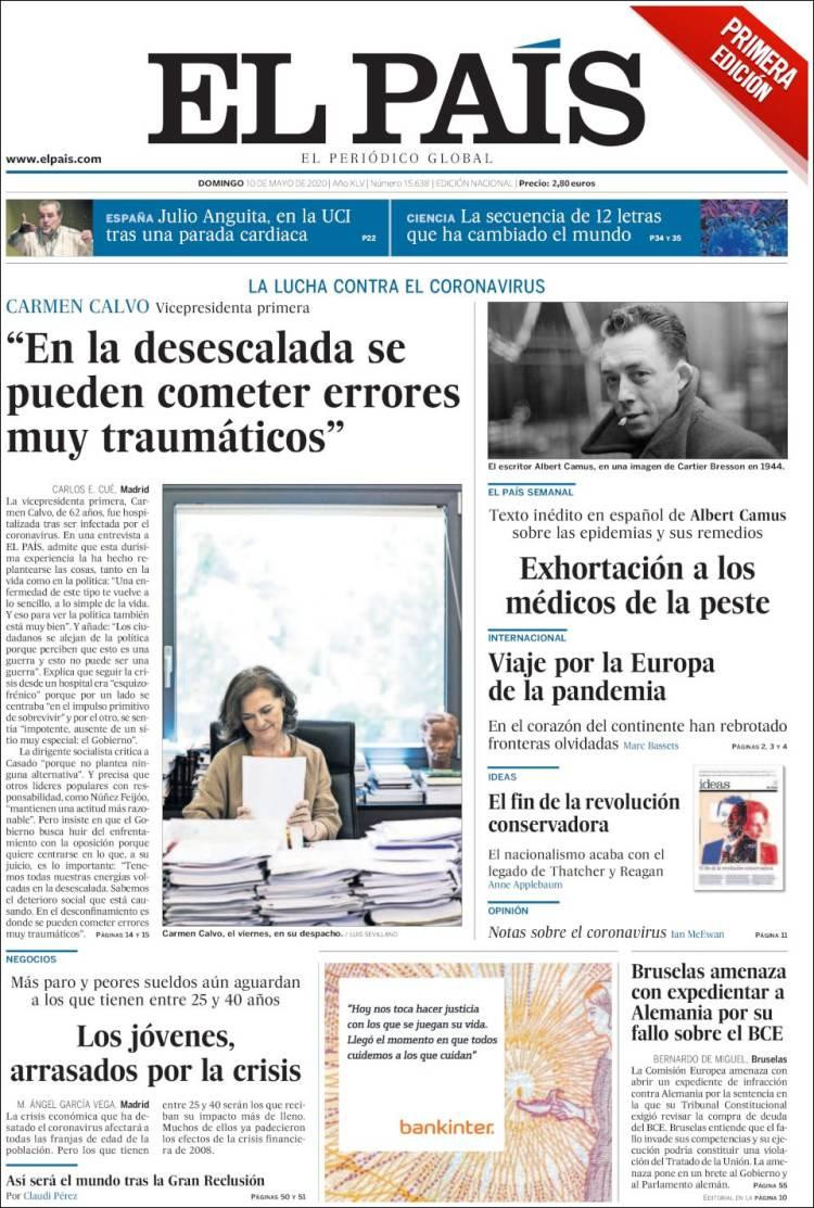 Tapa de diarios, El pais, domingo 10 de mayo de 2020	